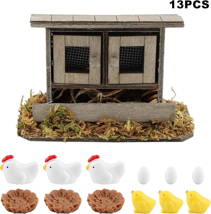 Miniature Chicken Coop Set - 13-Piece Farm Decor Kit with Hens, Chicks, Eggs & Nests for Fairy Gardens, DIY Mini Landscapes & Party Decor