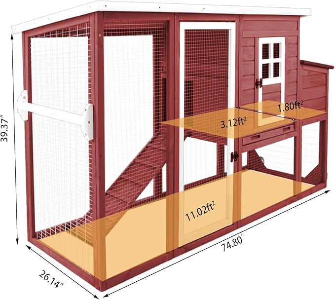 Chicken Coop Solid Wood with Large Run Cage 2 Stories - Asphalt Roof, Nest Box, Pu Wheels, Pole Chicken Perch