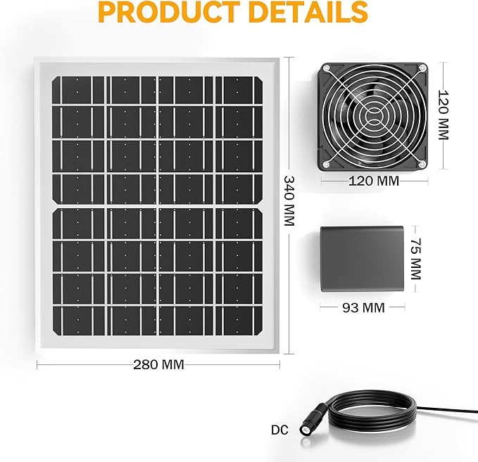 Chronoseek Solar Exhaust Vent Fan with 10000mAh Battery Backup for Outdoor Chicken Coops-Window Fan with 15W Waterproof Solar Panel,3500 RPM Day or Night Solar Exhaust Fans for Greenhouse,Shed,Camping