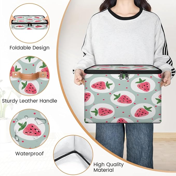 Storage Cubes with Lid Fabric Storage Bins Boxes PU Leather Handles, Strawberry Closet Organizer Container Foldable Washable Shelf Cloth Basket, Fruits Cute
