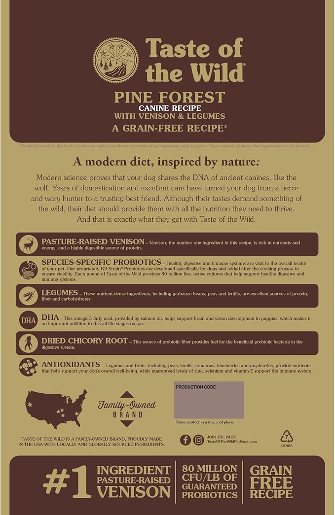 Taste of the Wild Pine Forest Grain-Free Recipe with Roasted Venison Dry Dog Food for All Life Stages Made with High Protein from Real Venison, Superfoods and Guaranteed Nutrients Like Probiotics 28lb