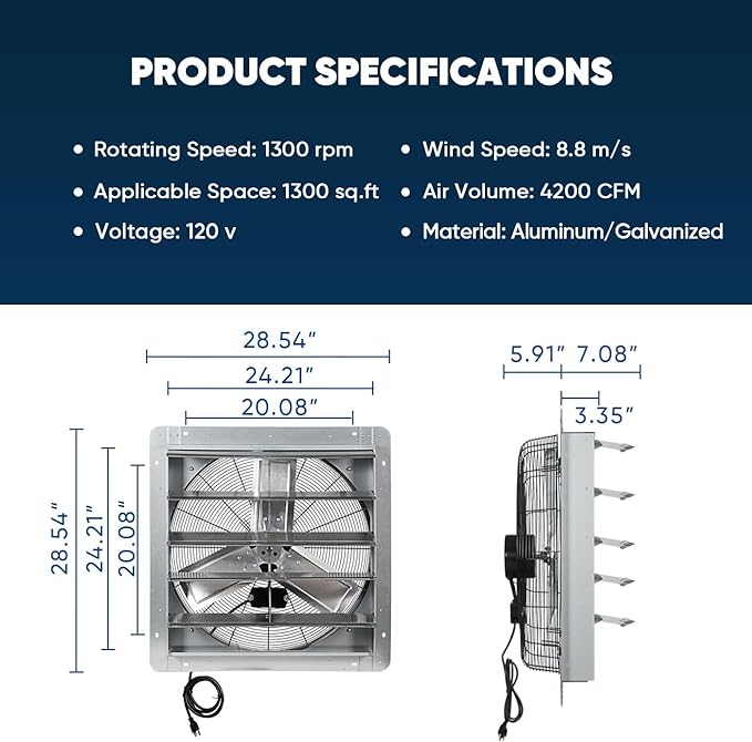 KEN BROWN 24 Inch Shutter Exhaust Fan with Controller Power Cord, Gable Vent Fan, Wall Mount Ventilation, High Speed 4200 CFM, Automatic Aluminum Blades, for Garages, Shop, Greenhouse, Attic