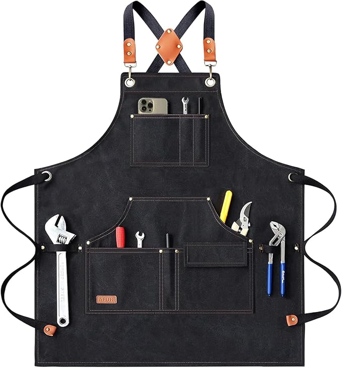 AFUN Work Aprons for Men with Large Pockets, Cotton Canvas Cross Back Heavy Duty Adjustable Tool Apron, Size M to XXL (Black)
