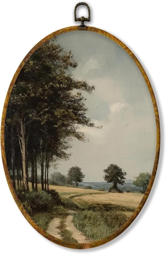 shiviody Vintage Country Landscape Canvas Wall Art Decor, Rustic Farmhouse Countryside Natural Cottagecore Scene Oval Hanging Frame Prints Decorations for Home Bedroom Living Room 8.6"x11.4"