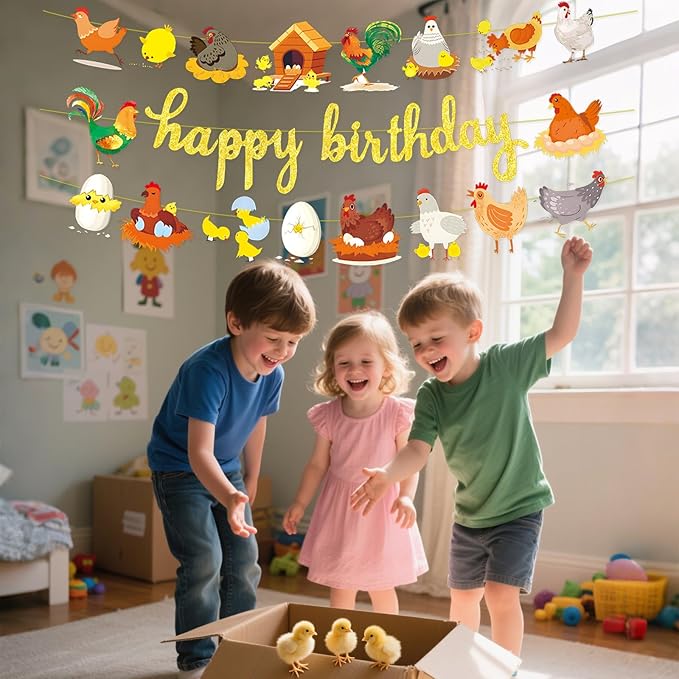 3pcs Chicken Birthday Decorations Gold Glitter Happy Birthday Banner and Chicken Paper Garlands for Spring Easter Hen & Chick Farm Theme Party Decor Supplies