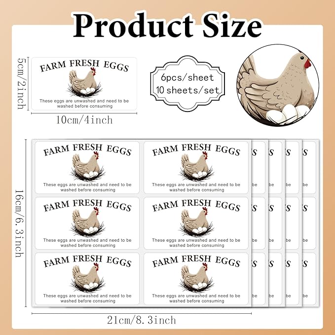 60Pcs 2" x 4" Farm Fresh Egg Carton Labels Unwashed Egg Carton Stickers Rectangle White Self Adhesive Packaging Tags for Box Containers Business Farmhouse Market Shop Supplies
