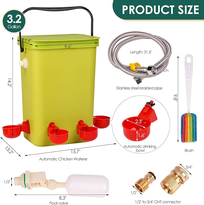 Automatic Chicken Waterer with Float Valve, 3.2 Gallon Hanging Poultry Waterer with 6 Water Cups, Large Duck Quail Turkey Goose Chicken Coop Water Dispenser