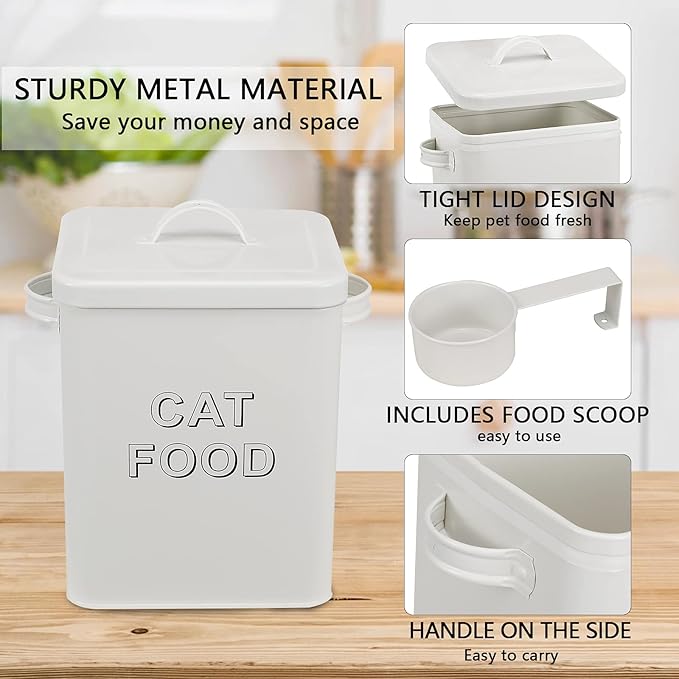 Cat Food Storage Container Farmhouse Pet Food Storage Containers with Lid and Scoop, Perfect Vintage Durable Canister Treats Tin for Kitchen Countertop, Shelf, Great Gift for Pet Owners - Cat Food