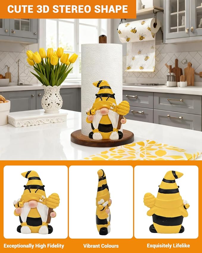 Gnome Paper Towel Holder - Honey Bee Decor for Kitchen & Bathroom Countertop - Gifts for Women Mom Grandma - 3D Cute Stuff Decorative Accessories
