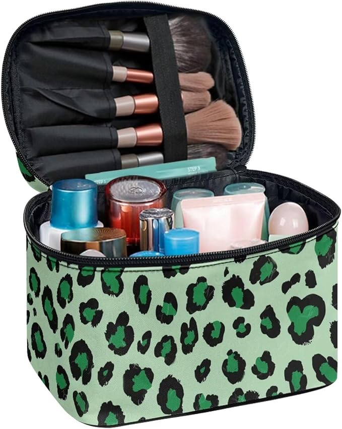 Travel Makeup Bags for Women Portable Tote Cosmetic Case with Carry Handle Toiletry Accessories Storage Organizer Bags, Leopard Green