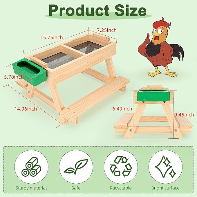 Chicken Picnic Table, Wooden Chicken Feeder No Waste Handmade Carbonized, Large DIY Picnic Table and 2 Water Feeder Kit, Mesh Bottom Keeps Food Fresh and Dry for Wild Birds, Ducks, Squirrels