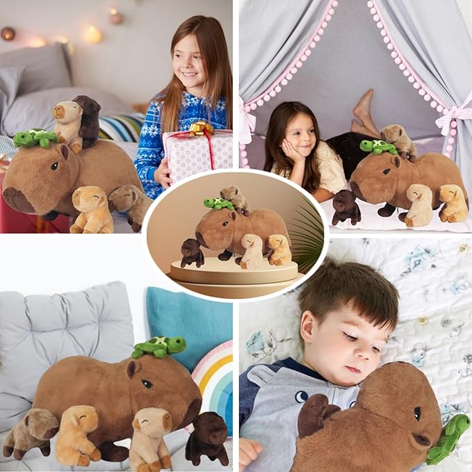 5 in 1 Capybara Plush Large Capybara Stuffed Animal with Babies, 14.2" Mommy Stuffed Capybara Plushies Pillow with 4 Baby Capibaras Peluches Capybara Toys for Kids Birthday Easter Stuffers Gifts