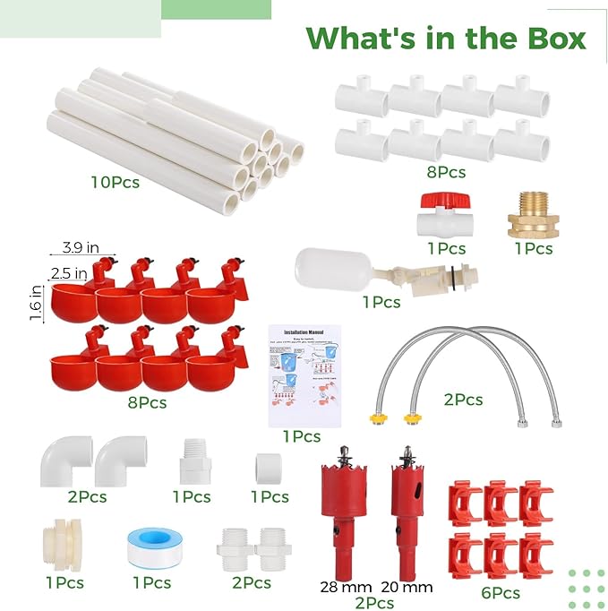 Pipeline Automatic Chicken Waterer System, Automatic Chicken Watering Complete PVC Pipelines Set with 8 Deep Drinking Cups, T Connectors, Float Valve, Auto Pipe Feeder Poultry Watering Kit