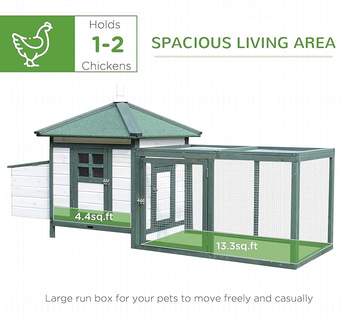 PawHut 77" Wooden Chicken Coop with Nesting Box, Cute Outdoor Hen House with Removable Tray, Ramp Run, for Garden Backyard, Green