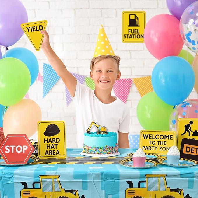 WERNNSAI Construction Party Decorations - 12 PCS Construction Birthday Party Supplies for Boys Kids Truck Birthday Cutouts Traffic Road Signs for Under Construction Party Baby Shower Wall Decor