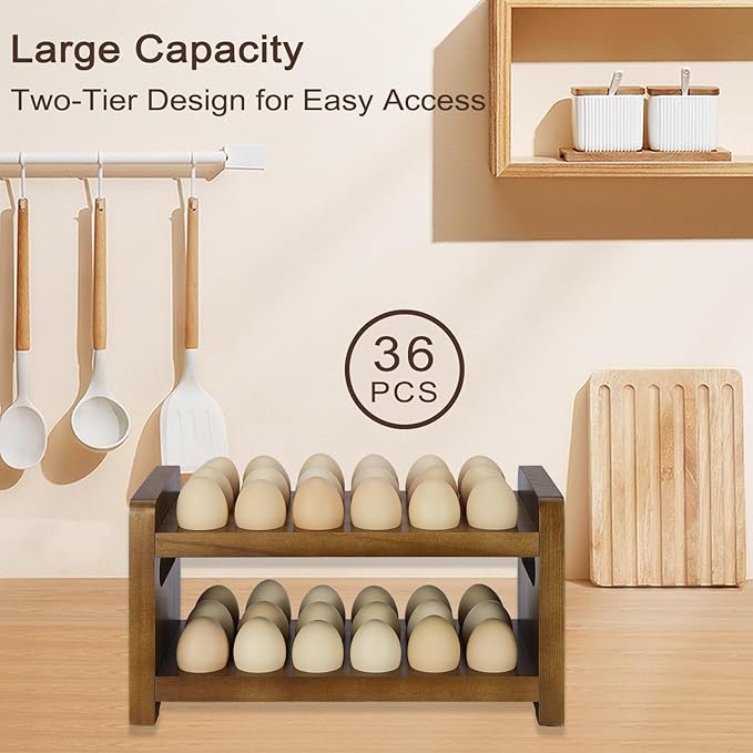 Egg Holder Countertop, 2-Tier Wooden Egg Holder for 36 Eggs, Wooden Countertop with Carry Handle for Chicken, Duck, and Quail Eggs