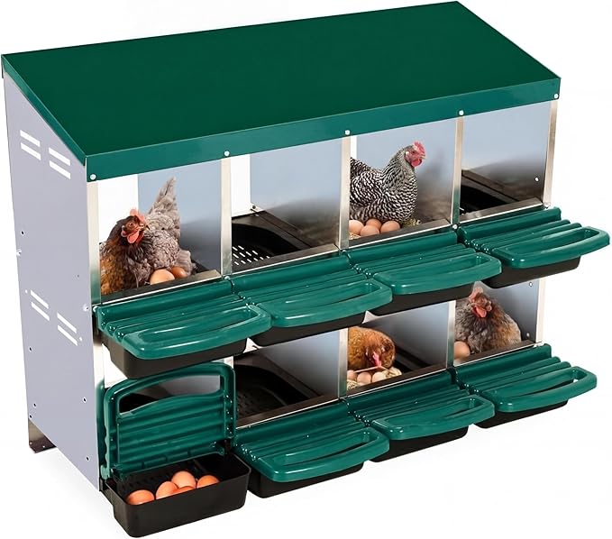 Chicken Nesting Box, 8-Hole Metal Wall Mount Chicken Laying Boxes with Legs and Lid Cover, Easy to Assemble, Roll-Away Egg Design Nesting Boxes for Outdoor Chicken Coop & Farm Yard, Green