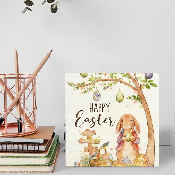 Rustic Easter Bunny Wooden Box Sign Desk Decor, Happy Easter Rabbit with Egg Spring Botanical Wood Signs for Bedroom Home Office Desk Table Shelf Decorations, 5x5 Inch