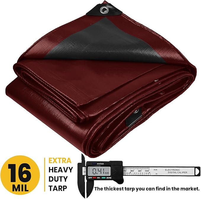 PROTARP Extra Heavy Duty 16 Mil Tarp Cover, Waterproof, UV Resistant, Rip and Tear Proof, Poly Tarpaulin with Reinforced Edges for Roof, Camping, Patio, Pool, Boat. (Maroon/Black 12′ X 12′)