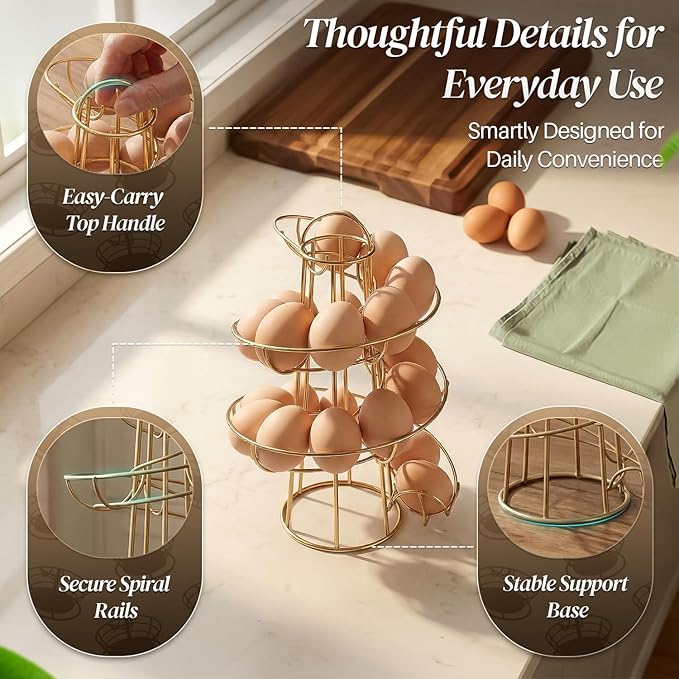 Flexzion Egg Skelter Modern Spiral Egg Holder Countertop (Medium Egg Display) - Freestanding Wired Countertop Egg Holder for Fresh Eggs, Dispenser Stand, Storage Rack for Kitchen, Gold