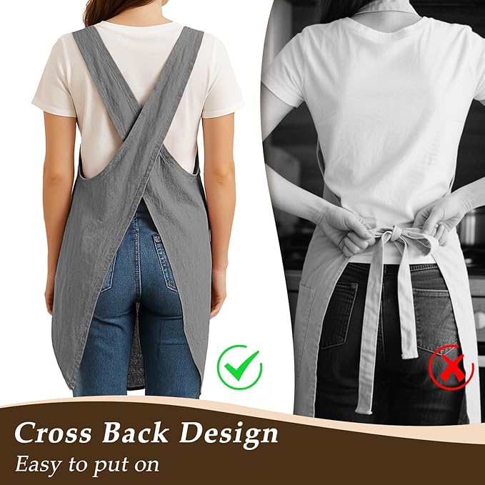 Apron for Women with Pocket Cotton Linen, Japanese Cross Back Apron for Gardening Painting