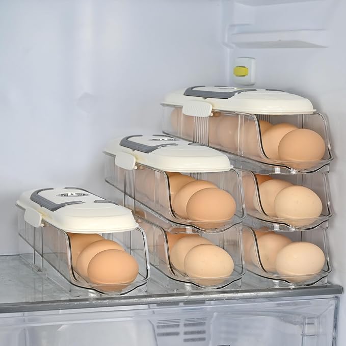Egg Dispenser for Refrigerator, 3-Layer Clear Plastic Egg Holder Adopt Transparent PET Material & Hidden Handle Design – Egg Organizer for Refrigerator with Cover Lock Buckle (Capacity for 21 Eggs)