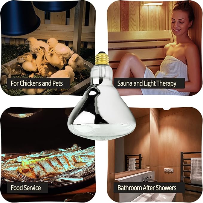 250 Watt Heat lamp Bulb for Bathroom R40 Incandescent Shower Heat Lamp Clear Infrared Bath Light 250R40 Chicken Light Bulb E26 Base 1 Pack
