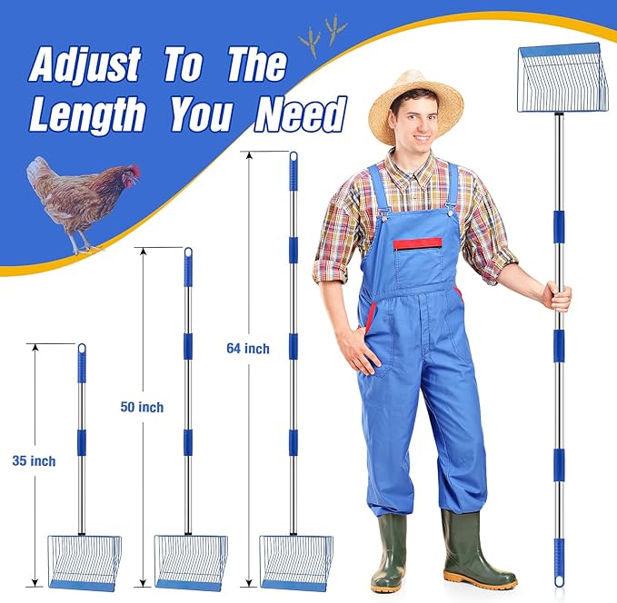 Large Chicken Poop Scooper, Heavy Duty Chicken Coop Scoop for Sand, 35" to 64" Adjustable Stainless Steel Handle, Litter Sifting Shovel for Farm Chicken Coop/Goat Stall/Stable Cleaning