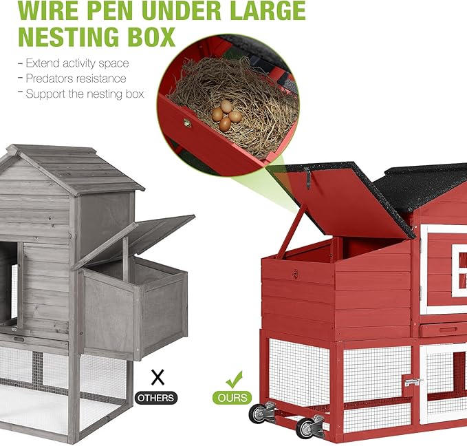 GUTINNEEN Chicken Coop Mobile Hen House Wooden with Run Poultry Cage with Nesting Box,Red