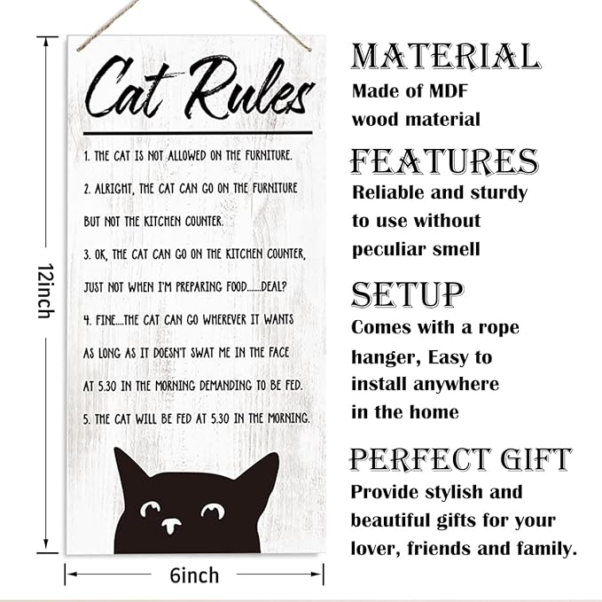 Funny Cat Rules Sign - Decorative Wood Hanging Plaque, Pet Decoration, House Theme Wall Door Decor, Cat Owner Home Gift
