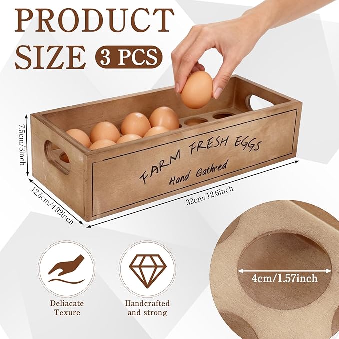 3 Pcs Farm Wooden Eggs Crate with Handle Natural Color Stackable Wooden Crates Rustic Storage Box for 36 Fresh Eggs Farm and Kitchen
