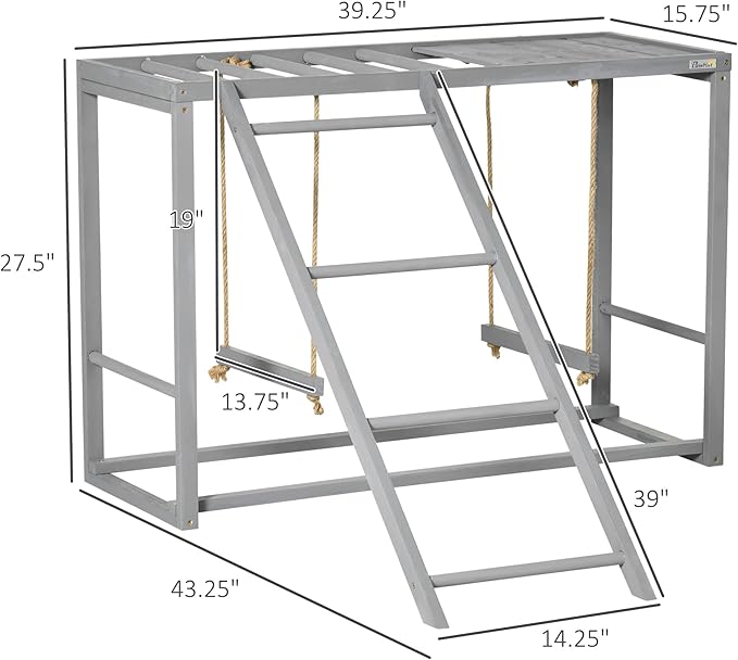 PawHut Chicken Activity Play with Swing Set for 3–4 Birds, Wooden Chicken Coop Accessory with Multiple Perches & Hen Ladder, Gray