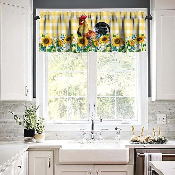 Rooster Kitchen Curtains Yellow White Buffalo Plaid Sunflowers Vintage Rustic Farm Chicken Rod Pocket Curtain Valance for Kitchen Bedroom Living Room Decor 1 Panel W54xL18 Inch