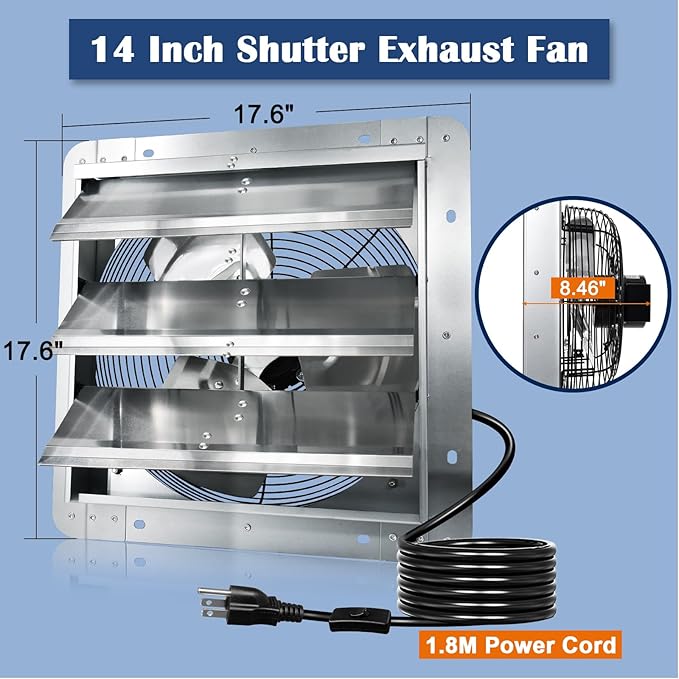 Hiorucet 14 Inch Shutter Exhaust Fan, 1558CFM High Speed Low Noise Aluminum Louvered Exhaust Fan Wall Mounted with 1.8m Power Cord for Greenhouse, Garage, Shop, Attics, Chicken Coop Ventilation.