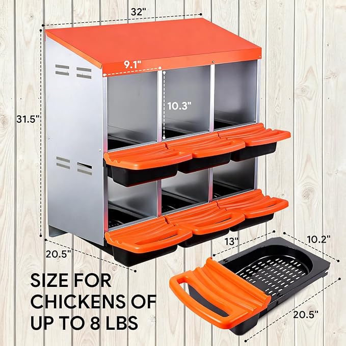 Chicken Nesting Boxes with 6 Cozy and Roll-Away Design - Chicken coop Nesting Boxes,Private Laying Spot & Enables Effortless Egg Collection (Orange)