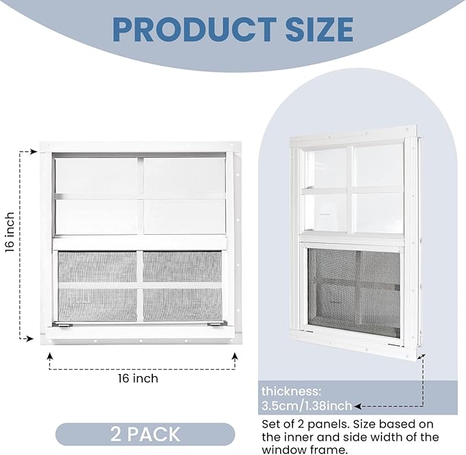 COLORPAPA 2 Pack Shed Windows,16" x 16" Flush Mount Small Window,Sliding Windows with Tempered Glass and Fiberglass Screen Shed, Chicken Coop, Playhouse, Household, Garage, Barns (White)