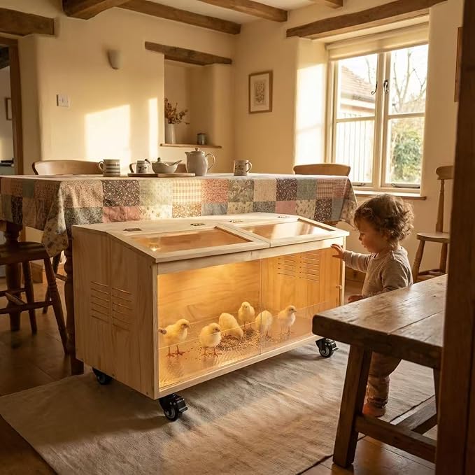 Brooder Box for Chicks Pine Wood Chicken brooder Box with Thermostat & Heating Lamp & Brake Casters，Solid Panels Chick brooder for Chicks, Ducklings, Hamsters, Guinea Pigs - Chew-Proof (40x20x20 in)
