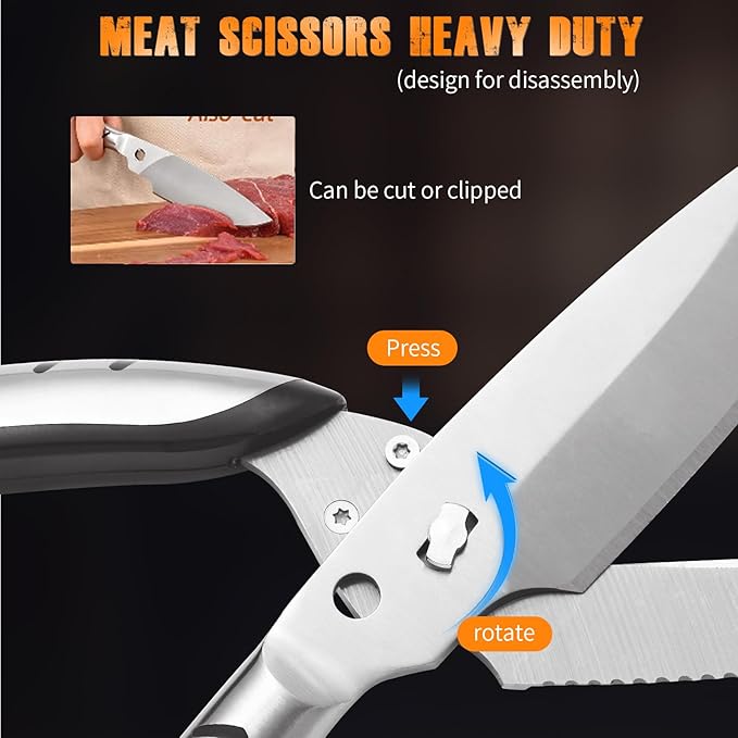 Heavy Duty Poultry Shears，Kitchen scissors heavy duty with Serrated Edge,Chicken shears,Meat scissors heavy duty ，For Cutting Bone, Turkey, Fish ，Seafood，Dishwasher Safe，silver