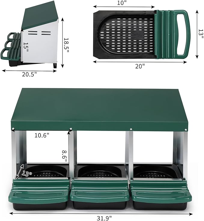 Chicken Nesting Boxes Plastic,3 Compartment Roll Out Chicken Nest Box Egg Laying Box w/Lid Cover,Egg Collection & Protection Chicken Coop for Up to 3 Hens,Chicken Cage Supplies for Poultry Farm,Green