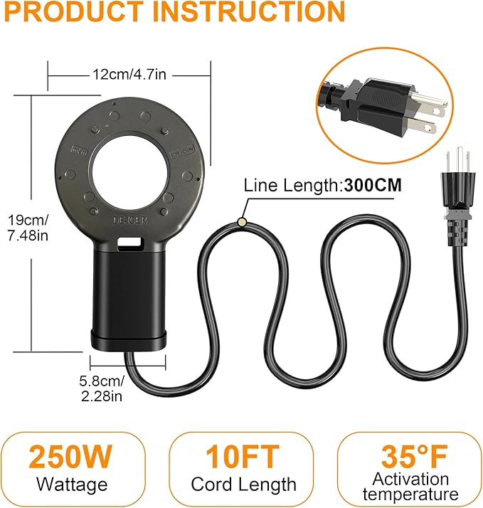 250W Utility De-Icer, Submergible Bird Bath Heater De-icer, Chicken Water Heater, Stock Tank Heater for Livestock Poultry Birds, Cows, Horses, Wildlife Drinkingwith 10FT Power Cord, Black