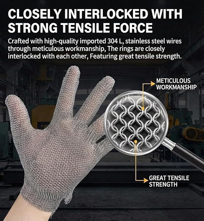 ANSI A9 Cut Resistant Stainless Steel Metal Mesh Chain Mail Glove,Butchers Gloves Food Grade For Kitchen Cooking, Oyster Shucking, Glass Processing, Tool Sharpening, 5 Finger, (M)