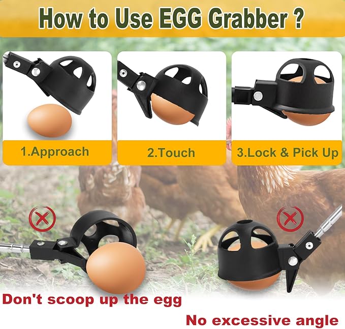 2Pcs Egg Grabber for Chicken Eggs, Extendable Egg Picker Tool with Non-Slip Handle, Stainless Steel Long Grabber Reacher for Coop, Poultry Nest, Farm & Outdoor Egg Collector