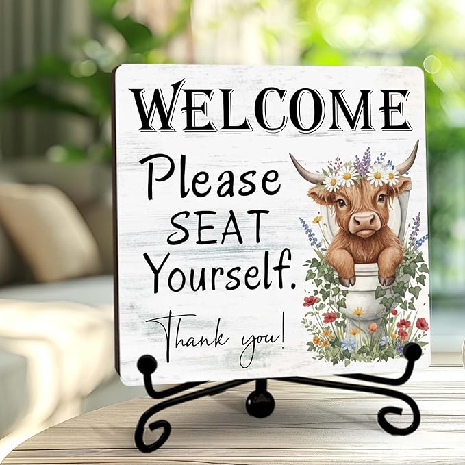 Funny Highland Cow Bathroom Decor, Cow Gifts for Women, 5 Inch Rustic Wooden Plaques for Farmhouse Restroom, Welcome Please Seat Yourself Thank You Sign - A03