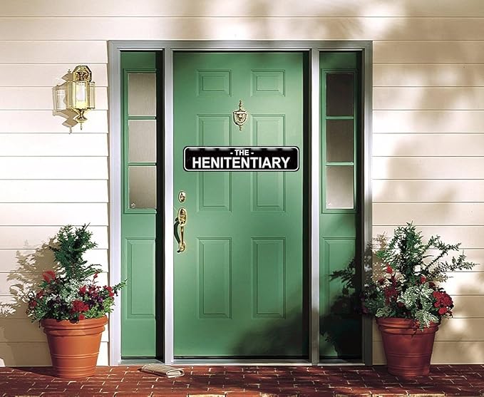 The Henitentiary Sign Chicken Coop Rustic Metal Street Sign or Door Name Plate Plaque Home Patio Garden Bar Farm House Garage Wall Decor Black Tin Signs 16 X 4 Inch
