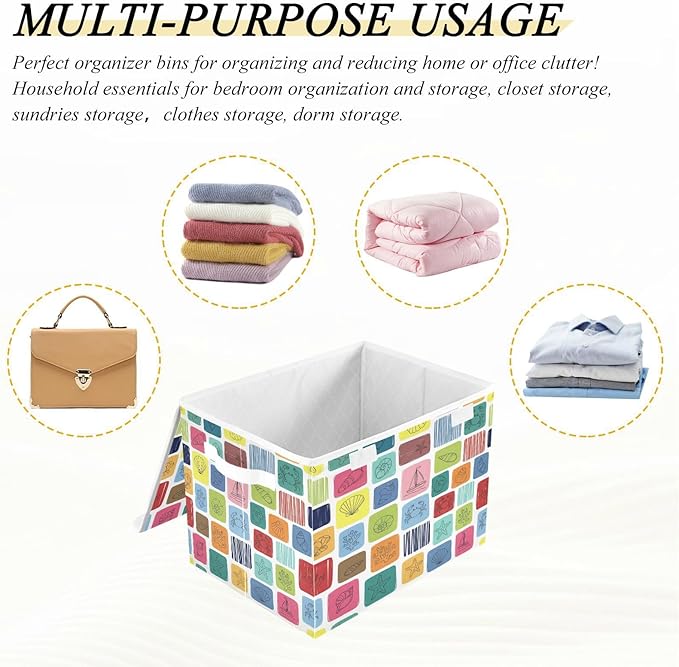 Colorful Sea Marine Theme Squares Storage Bins with Lids Foldable Storage Basket with Handles Collapsible Large Fabric Organizer Containers for Clothes Shelves Closet Office Home