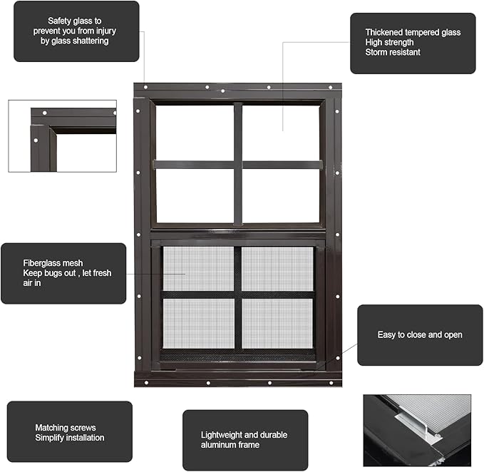 NeatiEase 2 Pack Shed Windows with Black Frame, 18x23 Flush Mount Small Window with Tempered Glass and Fiberglass Screen for Shed, Chicken Coop, Playhouse, Household, Garage (Brown)