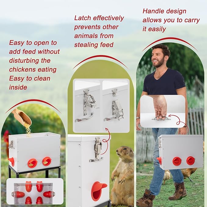 Automatic Chicken Feeder with Locking Lid and Base, 40 lb 6 Mouth Large Metal Chicken Feeders, No Waste Poultry Feeder Fit for Hen Coop