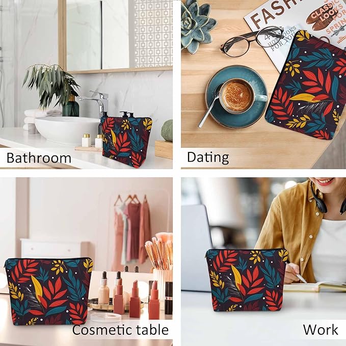 Woman Makeup Bag Tropical Leaves, Colorful Jungle Palm Leaves Makeup Bags Travel Cosmetic Bags Toiletry Makeup Organizer Pencil Pouch Make Up Cosmetic Bag For Owners Lady Birthday Gifts