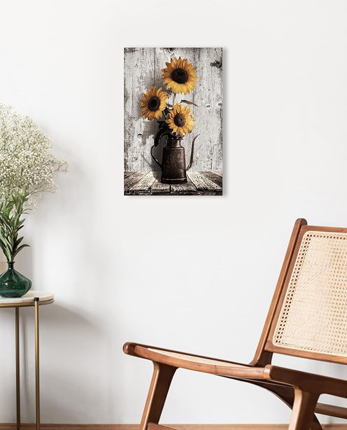 Sunflower Pictures Farmhouse Wall Art: Rustic Sunflower Paintings Canvas Wall Art for Kitchen,Yellow Sunflowers Vintage Poster Hanging Country Wall Decor for Home Living Room Bedroom 10x15 Inches