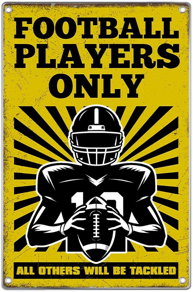 Football Players Only Metal Sign 8 x 12 Inch Funny American Wall Decor For Game Room Gym Bar Garage Sports Poster Decoration Athletes Coaches Fans Indoor Home Kitchen
